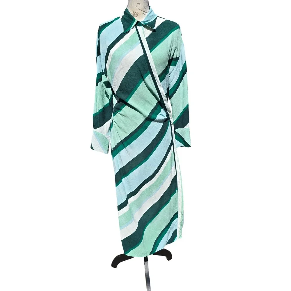 MNG Mango Womens Green Striped Wrap Midi Shirt Dress Long Sleeve‎ Size 6